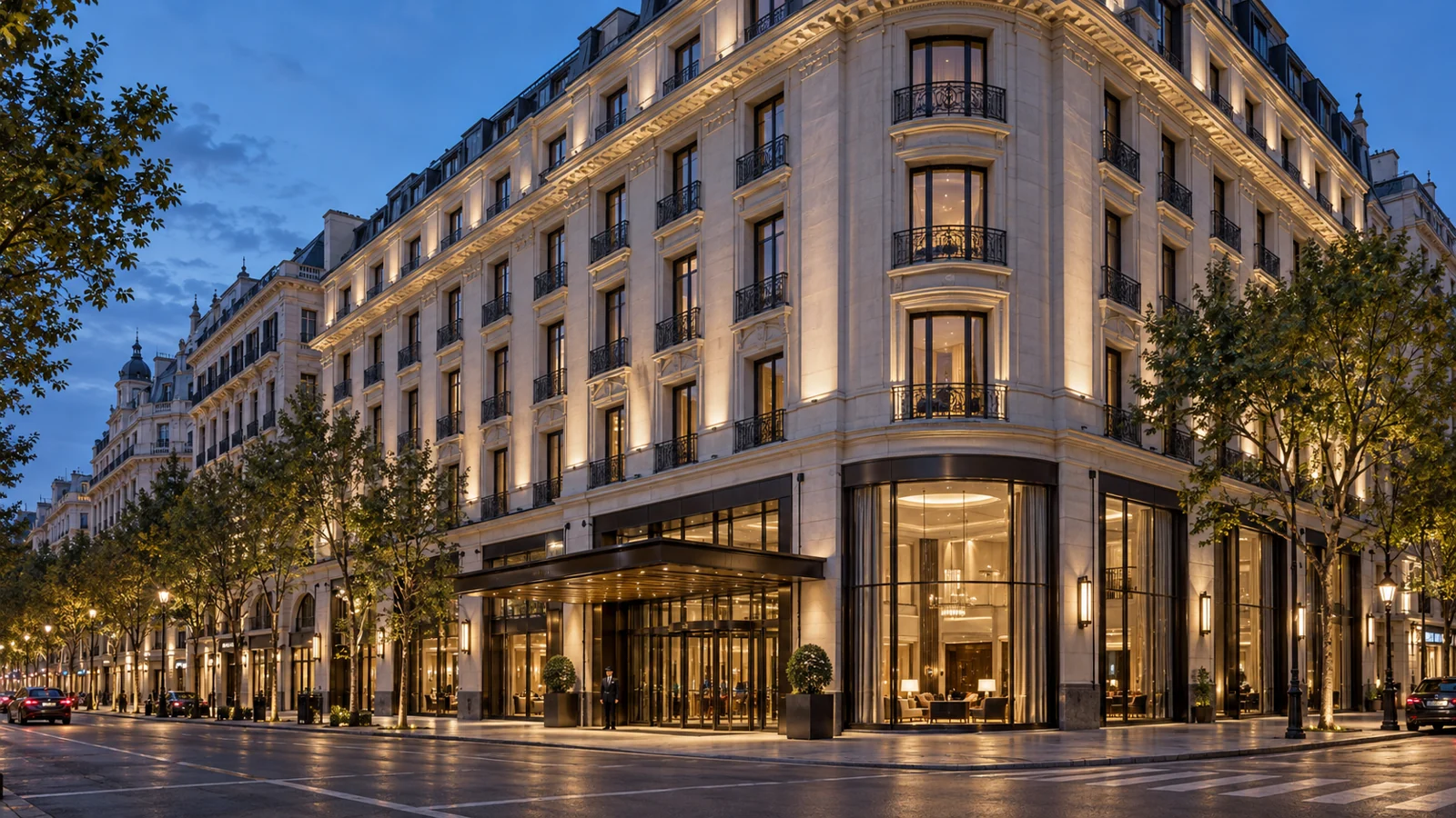 Illustrative grand city hotel at blue hour