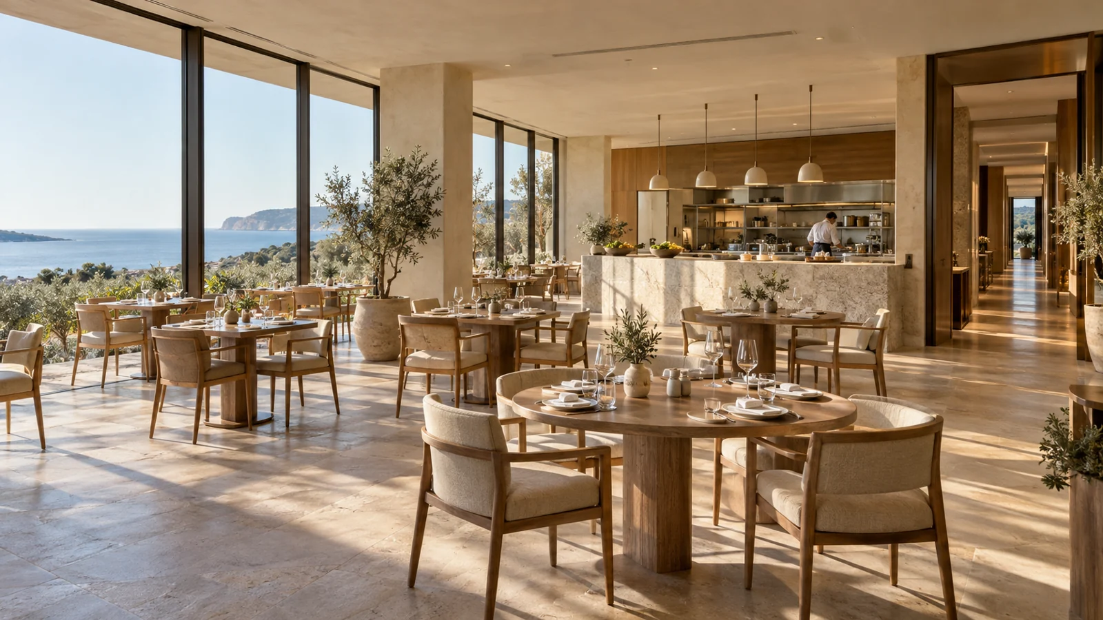 Ilustración arquitectónica de un restaurante de hotel frente al mar
