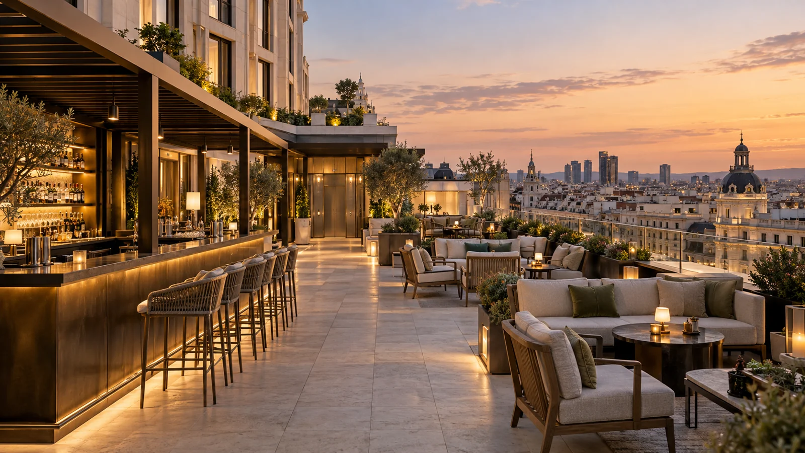 Ilustración arquitectónica de una terraza hotelera